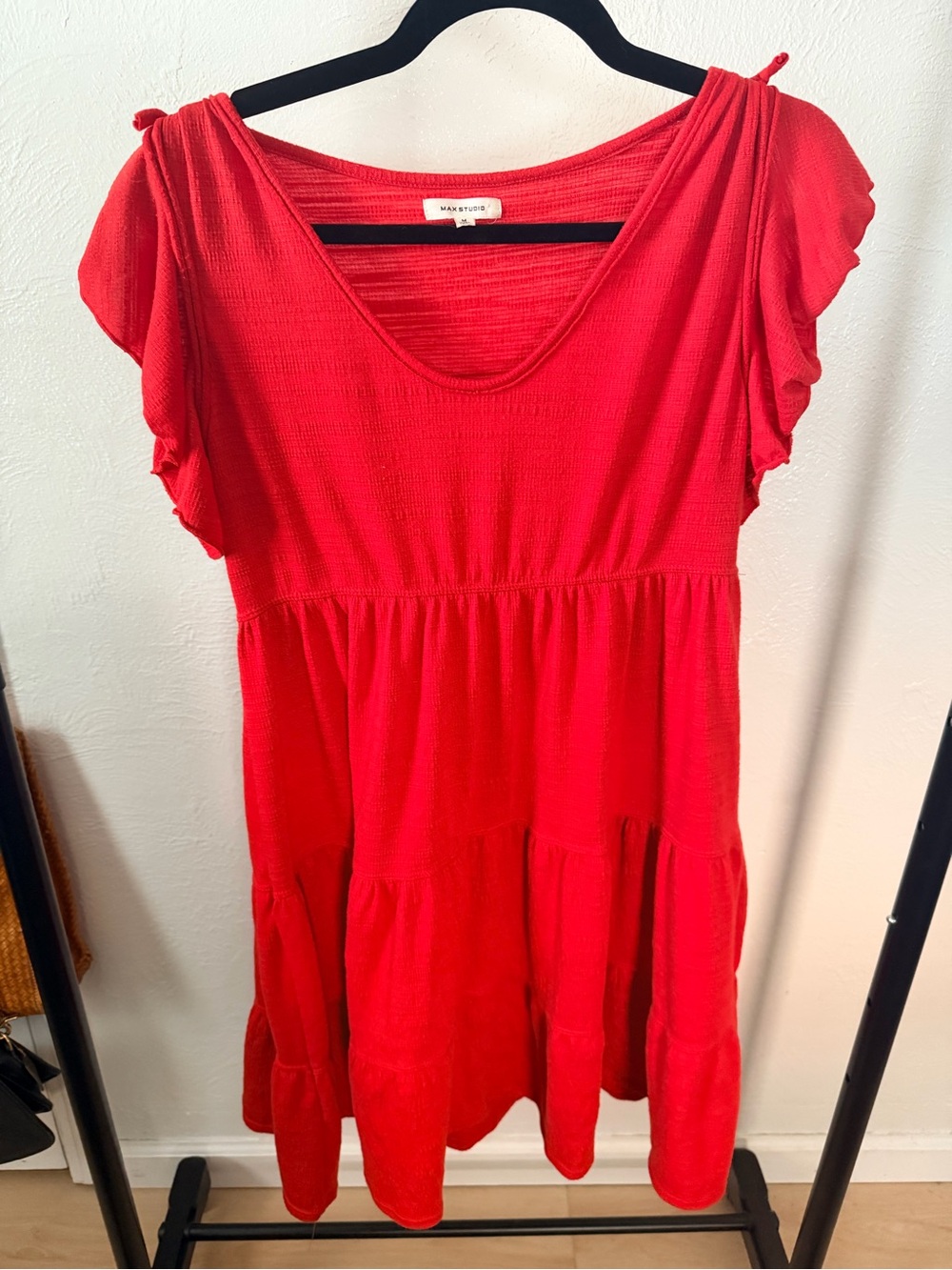 Max Studio solid‎ textured tiered mini dress in vibrant red. Size medium
